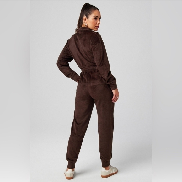 Fabletics Brown Fleece Jumpsuit with Mock Neck and Jogger Fit Large - Picture 2 of 2